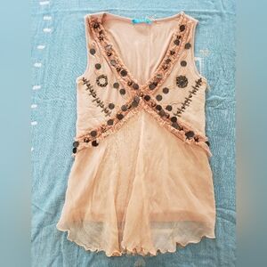 Boho Sleeveless Beaded Top Womens XS